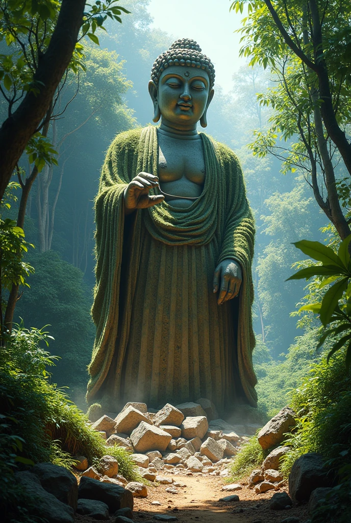 In the midst of a dense, lush jungle, a hyperrealistic scene captures the powerful moment of a massive bulldozer crushing a towering statue of Buddha. The statue, once majestic and serene, is now fractured and crumbling under the immense weight of the bulldozer’s steel blade. The Buddha, carved from weathered stone and covered in moss, stands amidst the vibrant greenery, its calm expression slowly being erased as the bulldozer pushes forward.
The jungle surrounds the scene with thick, tangled vegetation, towering trees, and vibrant plants, all depicted with stunning realism. The leaves and vines seem to pulse with life, contrasting sharply with the cold, mechanical force of the bulldozer. Sunlight filters through the dense canopy, casting dappled shadows on the Buddha and the bulldozer, highlighting the textures of stone, metal, and greenery.
The bulldozer, rendered with meticulous detail, is a symbol of destruction, its tracks leaving deep gouges in the earth as it moves. The statue of Buddha, once a symbol of peace and enlightenment, now lies in ruins, pieces of stone scattered across the jungle floor. The play of light and shadow enhances the dramatic tension of the scene, with the gleam of the bulldozer’s metal contrasting with the soft, natural tones of the jungle.
In the background, the jungle is alive with movement, the rustling of leaves and the distant calls of wildlife creating a stark contrast to the destructive act taking place. The scene captures the tension ween nature and machine, peace and destruction, in a moment frozen in time, where the serene face of Buddha meets the relentless force of modern machinery