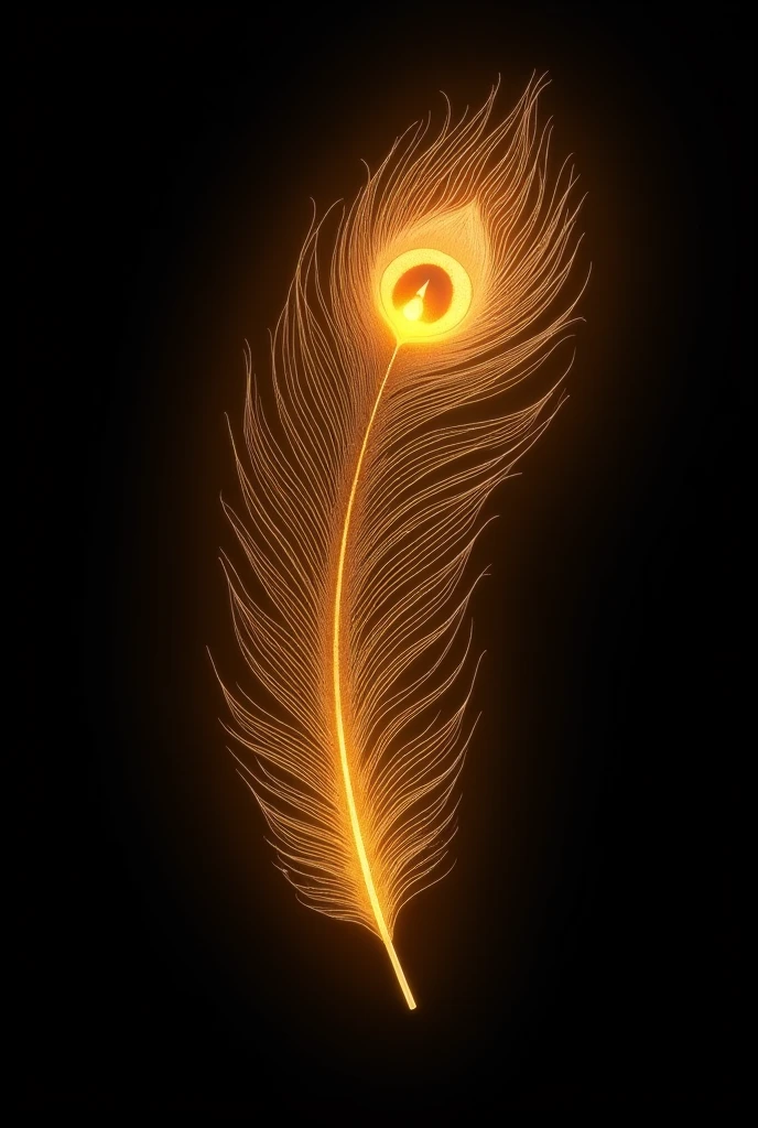 Golden glowing peacock feather with black background