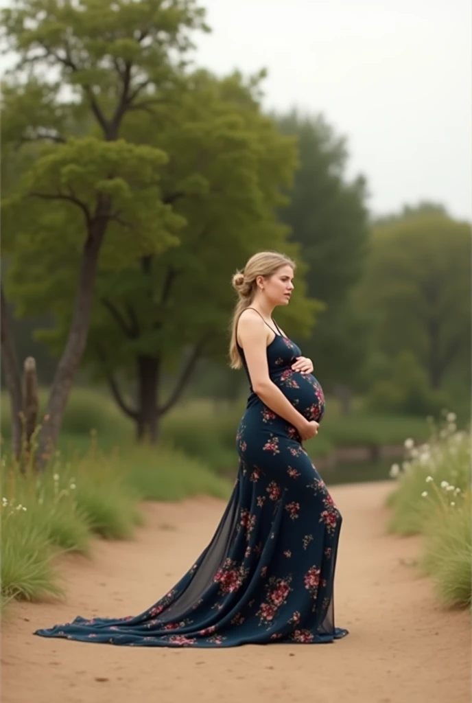Second dimension beauty pregnant woman wallpaper, fully dressed in pink dress, outside in nature