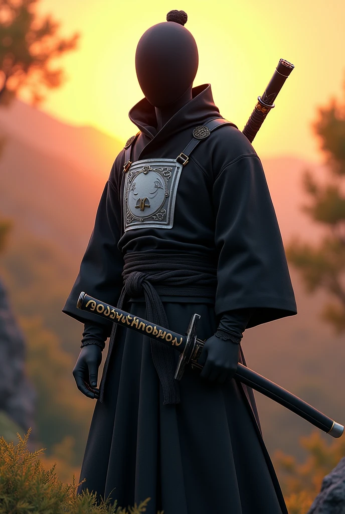 An animated male ninja in full black under the dawn wearing Bhutanese gho carrying a sword with the name MESSI JAMTSHO with white colour on the iron chest guard
