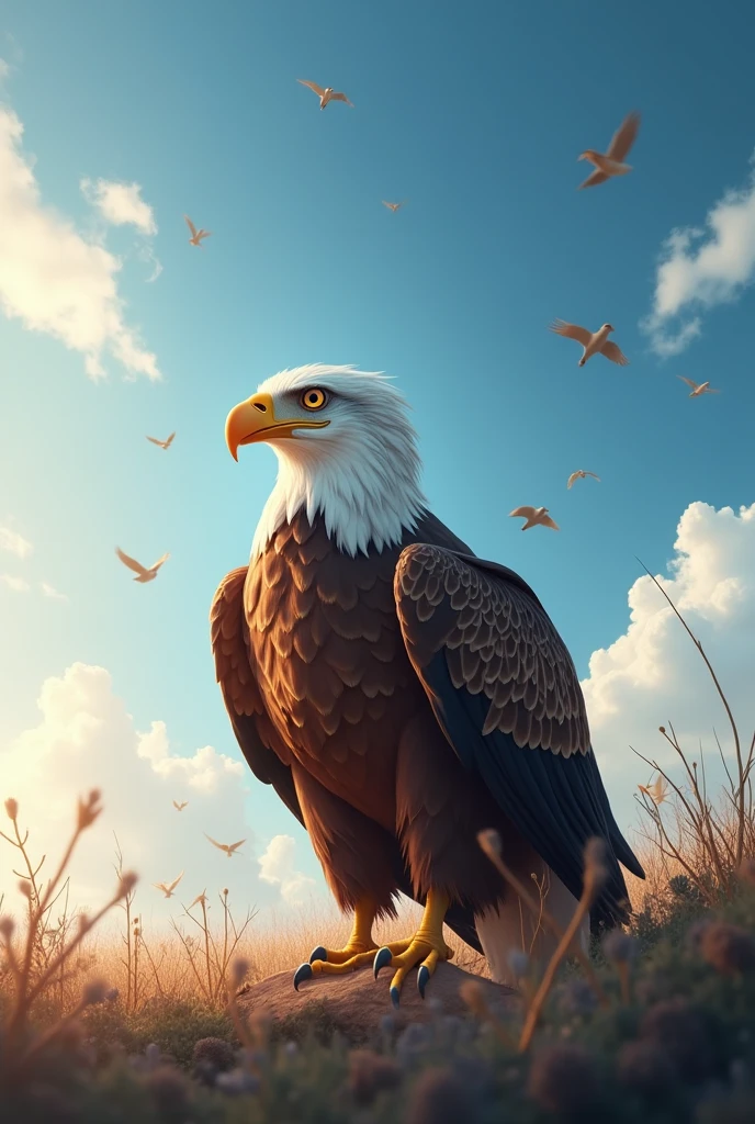 Generate a beautiful blue sky with birds flying and an ultra realistic 8k full hd eagle standing out with the sunlight over its head from further away
