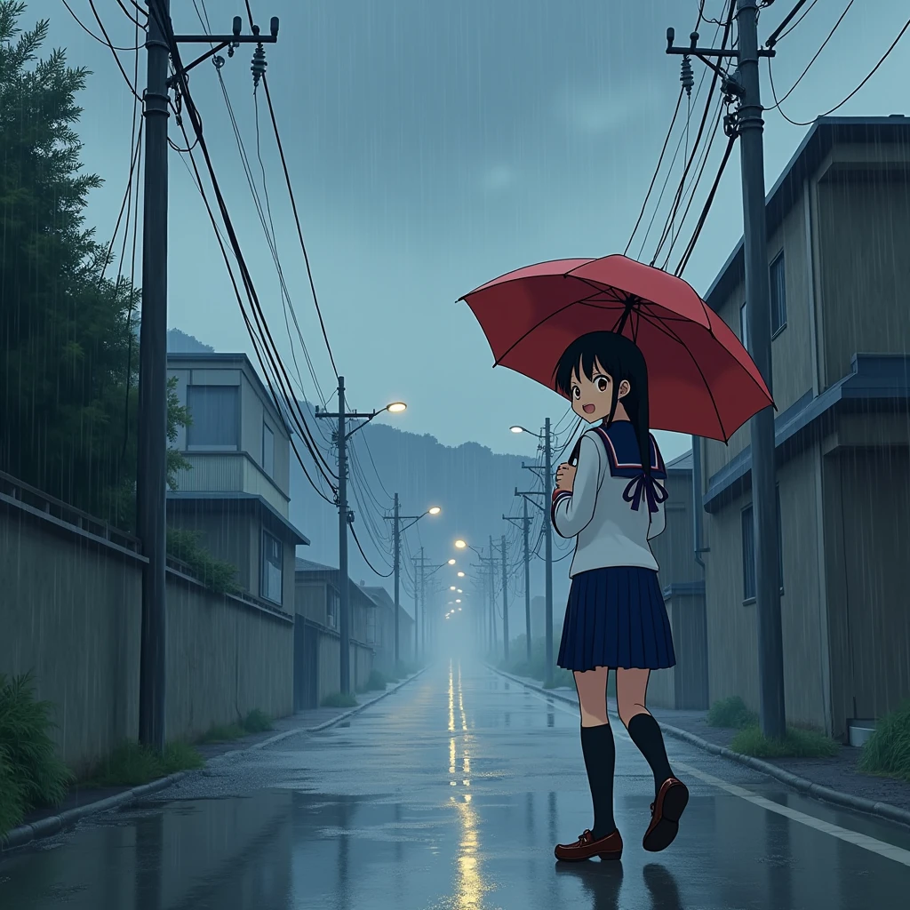 Anime Style, A girl walking down a hill, Walking along the side of the road, Holding an umbrella, Surprised expression, Be confused,
Steep Slope, Slope 20 degrees, steep hill, very sloped road, very sloping ground,
The girl is wearing a white sailor suit with short sleeves and a navy collar, with a blue ribbon., Wearing a navy blue skirt, 
Wearing black high socks, Wearing loafers.
Her hair is very long and black, with low twin tails and red ribbons..
Not high pigtails, Not half-up,
Open red umbrella, Dark brown school bag,
Late teens, Small breasts, Has dark brown eyes.
Wet shoes, Wet shoes下, Wet feet, Wet Skirt,
puddle, Sidewalk, pavement, Japan roads, A city with slopes, building, Apartment, Electric pole, electric wire, Street lamp, City view, null,
Very heavy rain, fog, Outdoor, evening, from front.