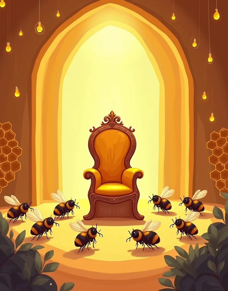 A whimsical vector illustration in a normal children's book style. An empty, ornate chair meant for the King Bee is placed at the center, elevated slightly on a small platform. Surrounding the chair, a group of bees with different sizes and colors are bowing down in respect. The background shows the interior of a bee yard, with honeycombs lining the walls and soft, golden light filtering through. The scene is lively yet reverent, capturing the bees' respect for their absent king. bright