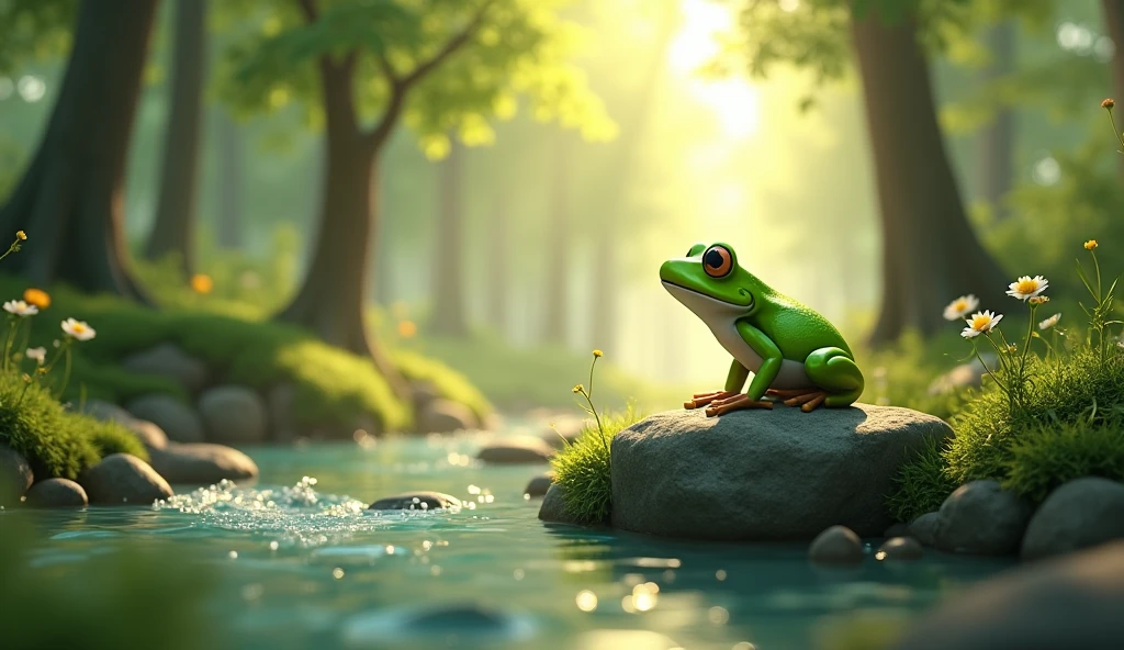 Cinematic cartoon 3d style A peaceful forest clearing with dappled sunlight filtering through the trees. A small, green frog is perched on a smooth, flat rock next to a clear, bubbling brook.