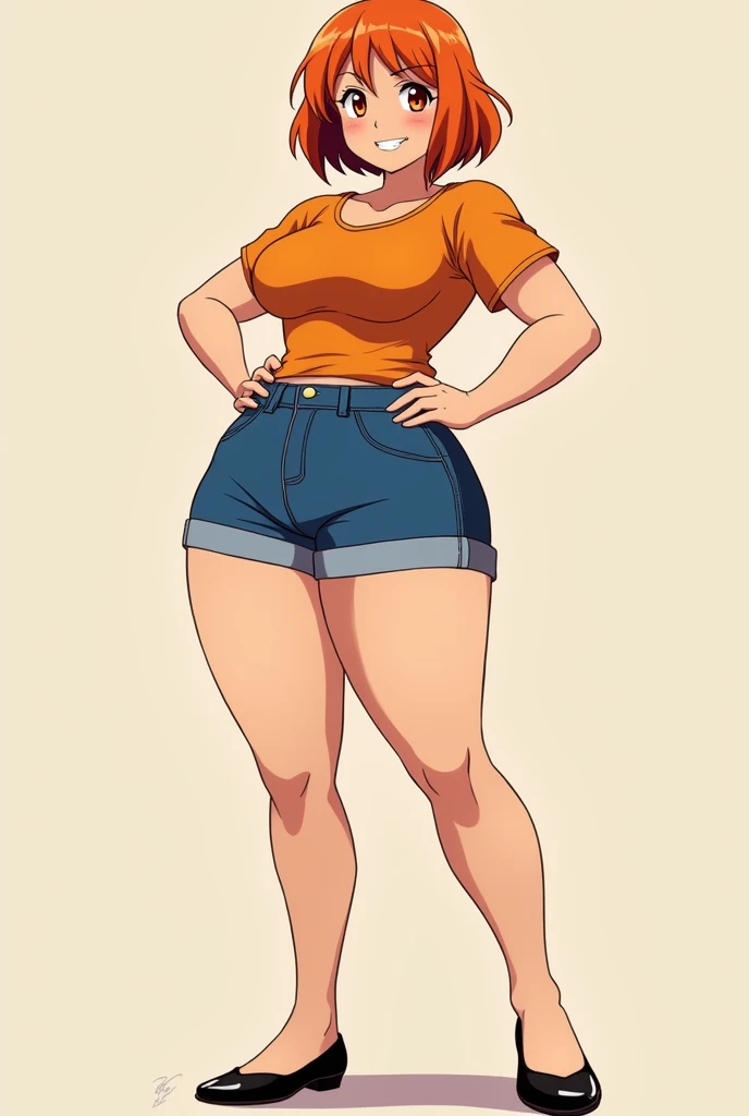 an anime girl standing, anime girl, cell shaded adult animation, shorts, orange hair, solo, short hair, smile, full body, 4k hd, legs visible, tall, blue shorts and an orange shirt, brown eyes, 1girl, in black Flats, 4k hd, big breasts, muscle girl, a beautiful voluptuous woman with a curvy body,