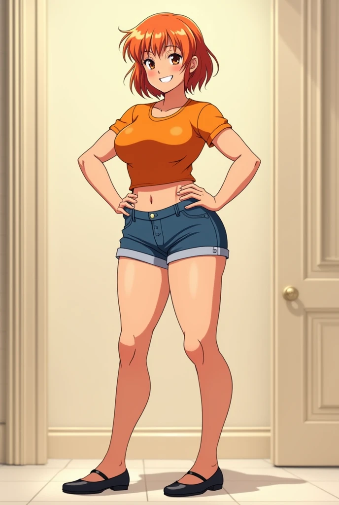 an anime girl standing, anime girl, cell shaded adult animation, shorts, orange hair, solo, short hair, smile, full body, 4k hd, legs visible, tall, blue shorts and an orange shirt, brown eyes, 1girl, in black Flats, 4k hd, big breasts, muscle girl, a beautiful voluptuous woman with a curvy body,
