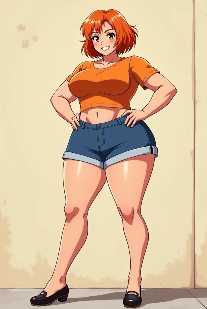 an anime girl standing, anime girl, cell shaded adult animation, shorts, orange hair, solo, short hair, smile, full body, 4k hd, legs visible, tall, blue shorts and an orange shirt, brown eyes, 1girl, in black Flats, 4k hd, big breasts, muscle girl, a beautiful voluptuous woman with a curvy body,