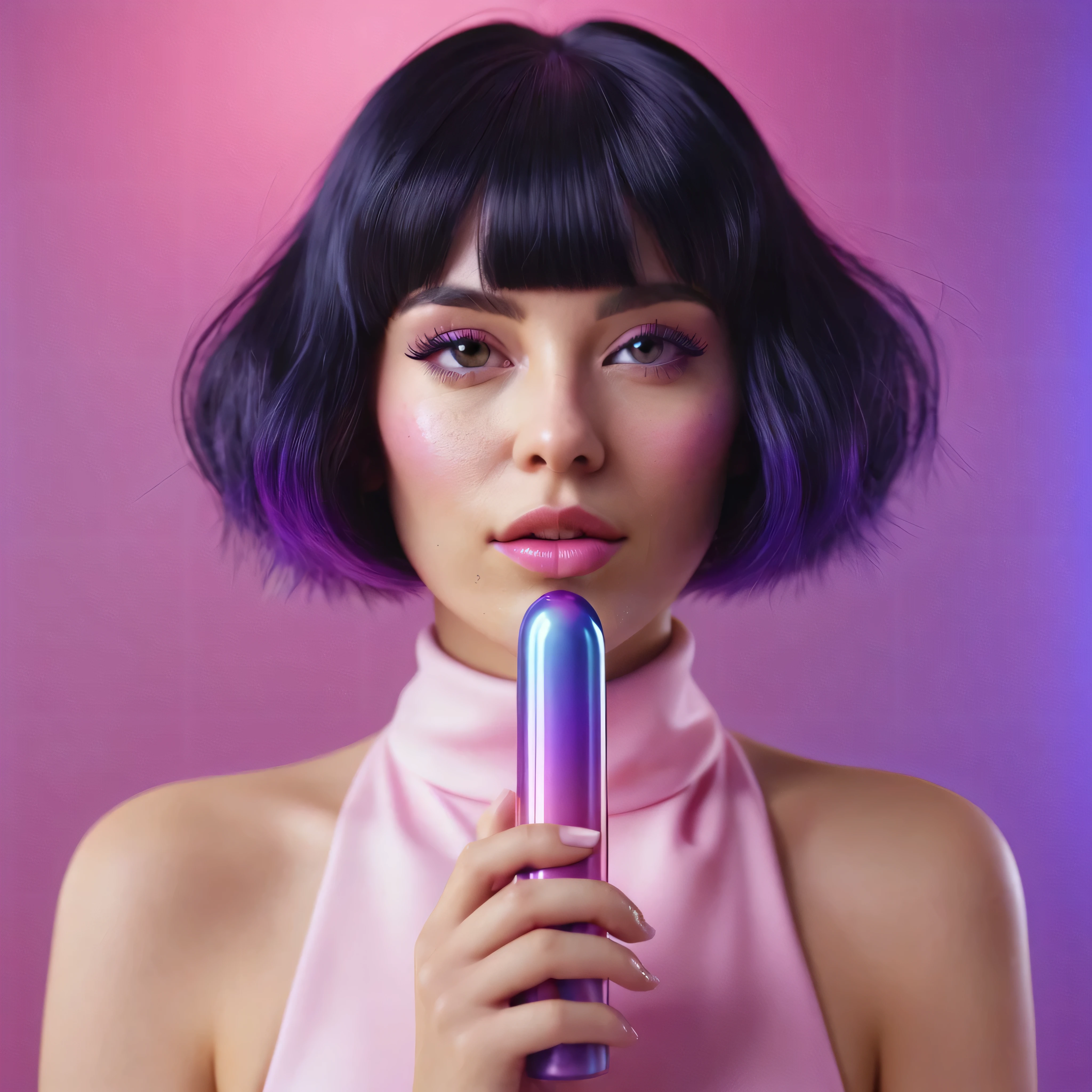 blackhair female hands holding dildo to her face, that is glowing with pink and purple colours, dripping wet, closeup macro photo, minimalistic, in a light purple and pink style, with soft edges and blurred details, in the toycore style, with a 3D render, on a colorful background, with a minimalist stage design, in a surreal style, with a cinema4D rendering, with a minimalist style, with low saturation, using gradient colors, with a cinema4D rendering, with a blender rendering, with super detail, at a super high resolution, at a super high definition
