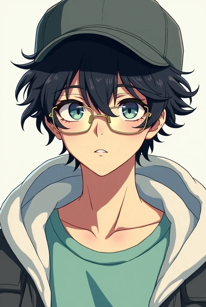 Anime boy, wear cap black, wearing T shirt light green, wear white shade jacket, hair is wavy and fluffy, black hair, wear glasses, wear square rimmed glasses stainless gold and half top of glasses is black, and looking something