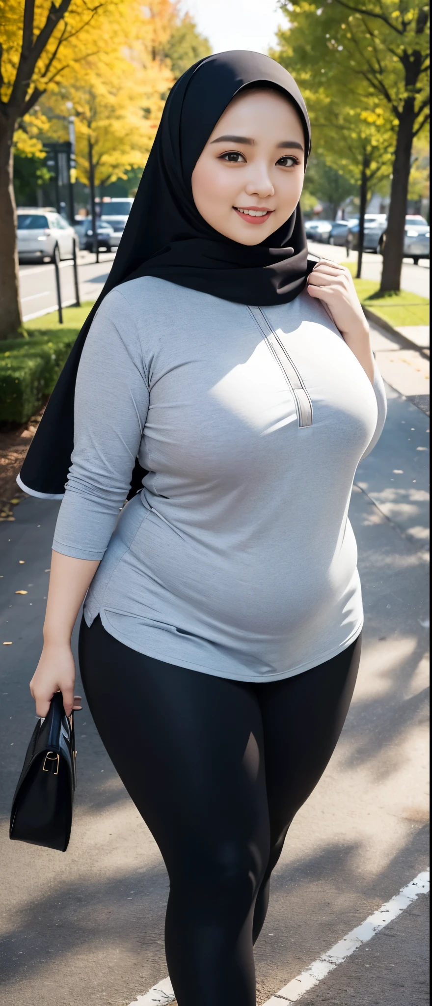 the best masterpiece, chubby hijab woman, beautiful Asian face, full breasts, wearing a checkered shirt, wearing sport leggings, walking in the city park, smiling sweetly, facial details, body details, ultra detailed, realistic quality, fullbody 