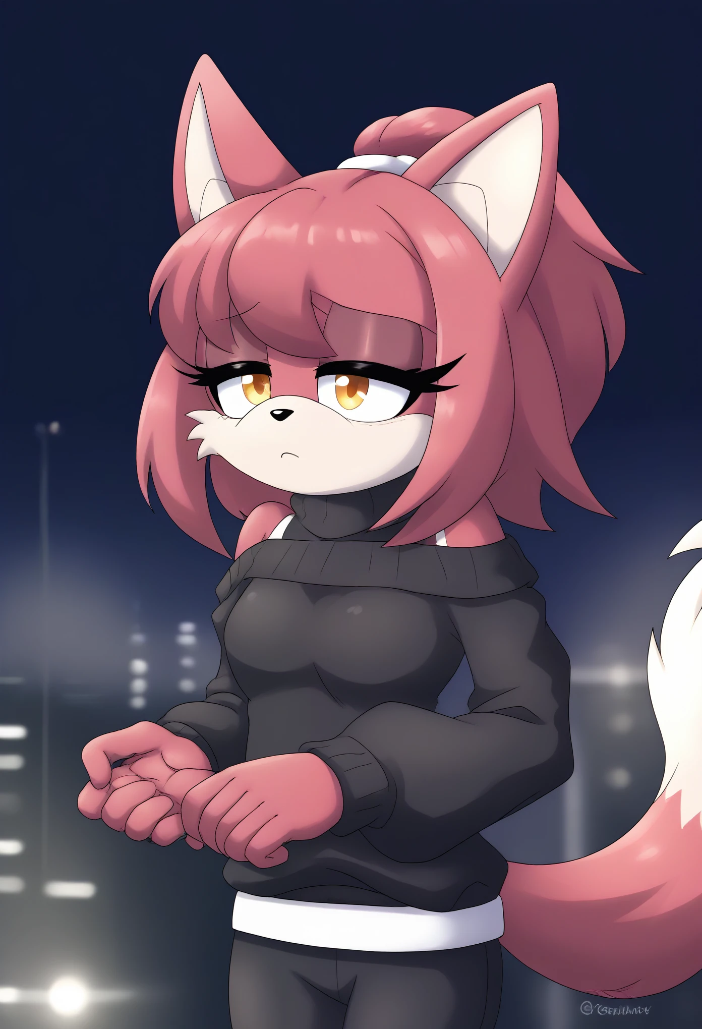 (1girl), (solo), Female Fox, pale maroon colored fur, long pale maroon hair, fringe_trim styled hair bangs, amber eyes, medium bust, (black sweater dress), (off shoulder sweater), yoga pants, loose white belt, long bell sleeves, sleeves overlapping hands, makeup, eyelashes, nighttime, dim city lights, (tired expression), sleepy, mobian, mobius city
