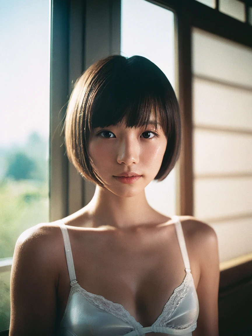 Japanese women, In underwear、Sweaty shiny skin、Young Face, Bob Cut Hair, morning, window, Incomplete details, Shooting with Leica, analog, 35mm:: (Artistic light leakage:1.4), Lens flare::4 - Style Row - AR 2:3 --s 150 --c 4