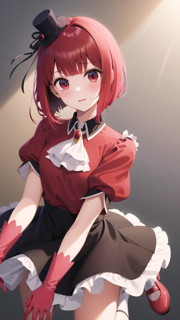 masterpiece, top quality, high resolution, aakana, short hair, mini hat, tilting head, red eyes, jewel, brooch, white ascot, frill, red shirt, short sleeves, pink gloves, black skirt, red shoes, idle stage, full length view looking at the camera so that her whole body can be seen