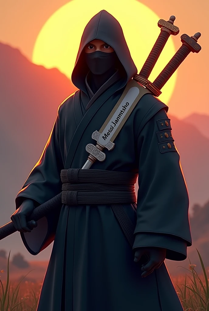 An animated male ninja in full black under the dawn wearing Bhutanese gho carrying a sword with the name MESSI JAMTSHO with white colour on the iron chest guard