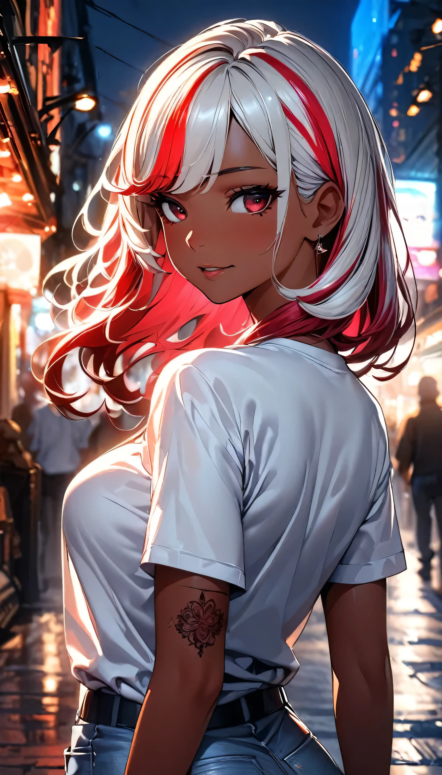 (highest quality:1.2, Very detailed, up to date, Vibrant, Ultra-high resolution, High Contrast, masterpiece:1.2, highest quality, Best aesthetics), Portraiture、girl、singer, solo, ((25-years-old:1)), Bright colors, Beautiful fine details、Beautiful lip detail、medium wave hair、red and white ((streaked hair:1.6)), highlights hair: 1.5, red eyes, (slim:1), medium breast, (tan skin:1.1), (Floral Fineline tattoo design on left arm:1), (Walking down the busy street at night:1), sparkling city lights, daypack on left shoulder, t-shirt, jeans short, long boots, looking back, fascinating look, cowboy shot