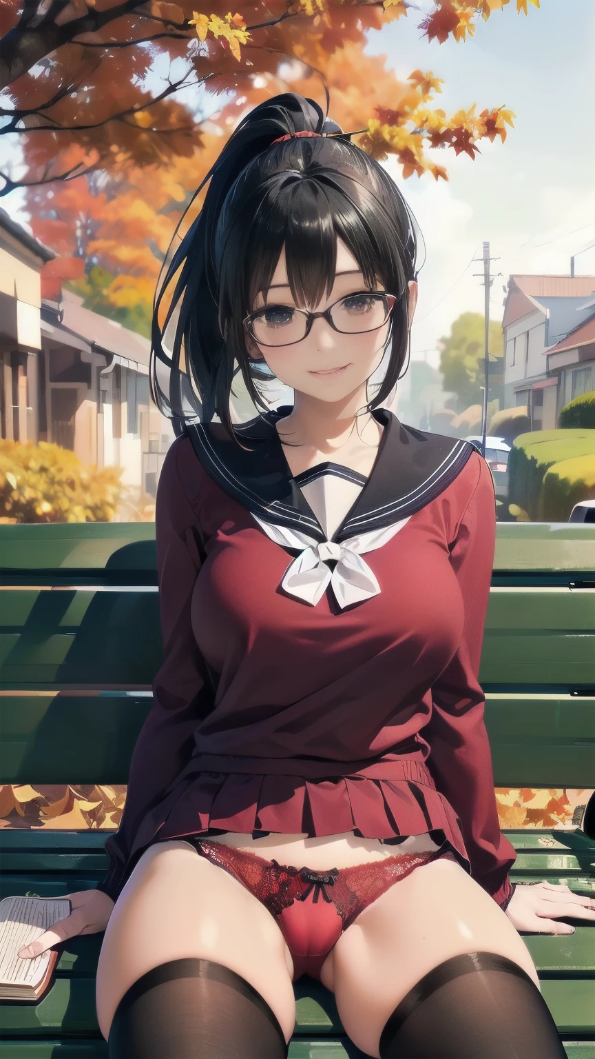 One person,((Shiny black hair pulled back in a wind-blown ponytail,Clear black eyes)),((masterpiece,Very realistic,Detailed anime wallpapers:1.4)),((Flawless解剖学:1.2)),Symmetrical cute face,CG Unity 8k,((Black long-sleeved sailor suit,black pleated mini skirt,Intellectual glasses,Black thigh-high socks)),8K quality,Highly polished digital art,((sitting on a bench with a book open:1.55)),Flawless, cute, and、Lovely,Looking at the camera with a gentle smile,Soothing smile,Very large breasts,Extremely detailed hair and face,Artistic pastel art,((On the tree-lined street at dusk、Autumn leaves are dancing beautifully:1.1)),((Spread your legs and show me your panties:1.2)),Professional Lighting,Supermodel,((Red lace sexy panties:1.09))
