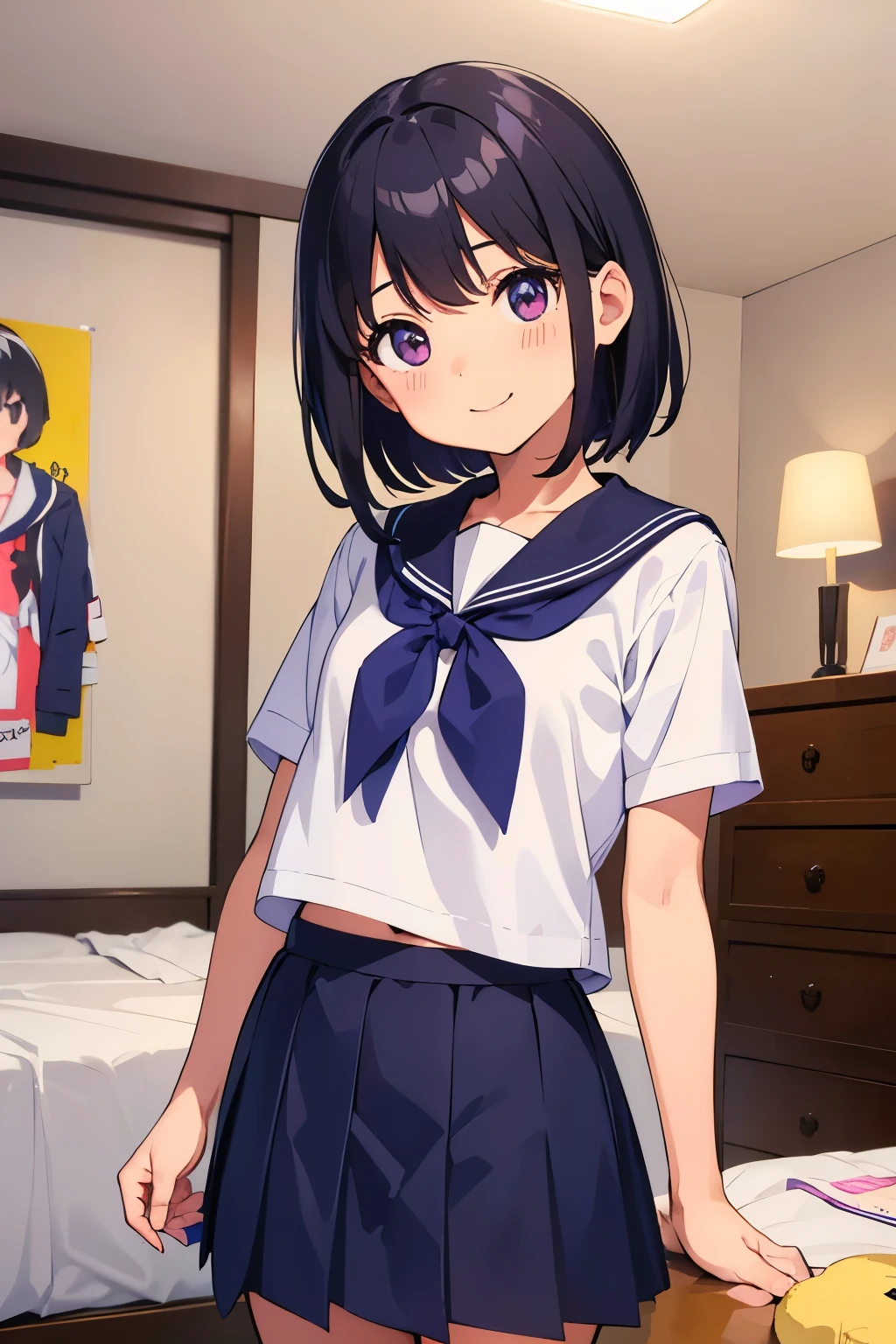 Girl's room Elementary school student, , toddler, flat chest, black hair Berry Short Purple Eyes smile White short-sleeved sailor uniform top Navy blue mini skirt White panties Girls' Shorts barefoot ((I can see her panties)) Are standing Dynamic angle Low angle