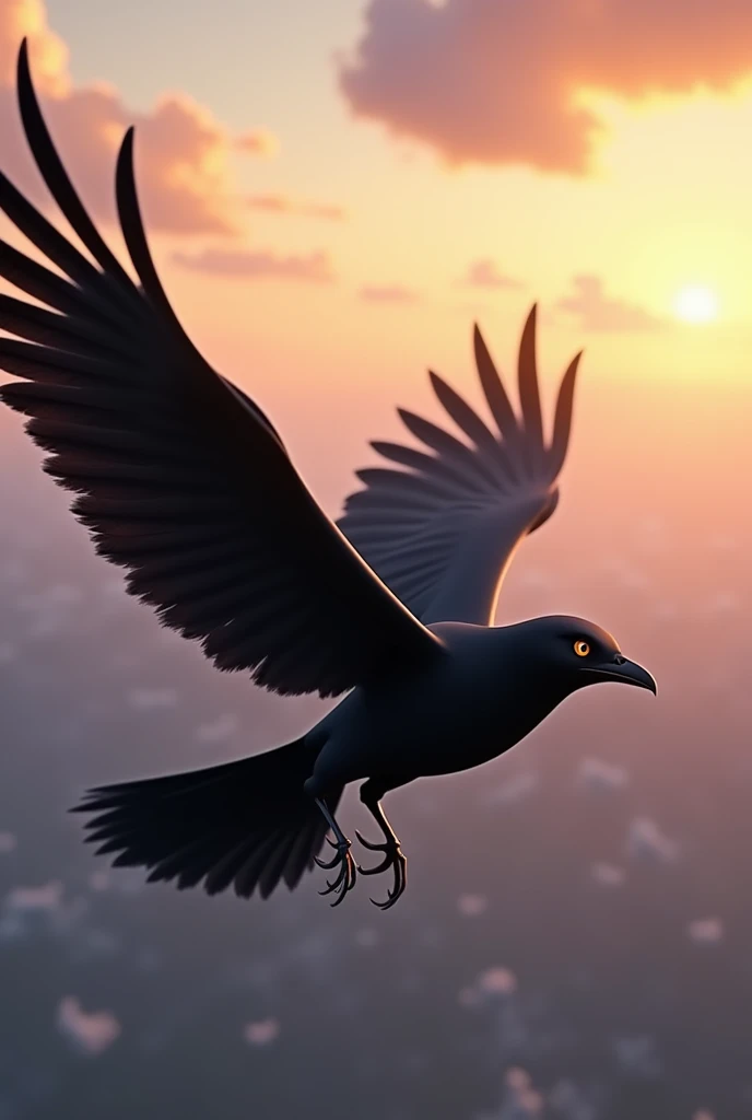 Command prompt for a Disney-style 3D anime drawing of a mature black bird soaring towards the horizon with a determined look in its eyes: "Create a captivating scene featuring a sleek, adult black bird gracefully flying towards the distant horizon. The bird should exude a sense of determination and purpose in its gaze, reflecting the essence of a heroic journey. Focus on intricate details to bring out a magical yet realistic feel, capturing the essence of a majestic avian adventure in a visually stunning 3D animated style reminiscent of Disney animations."