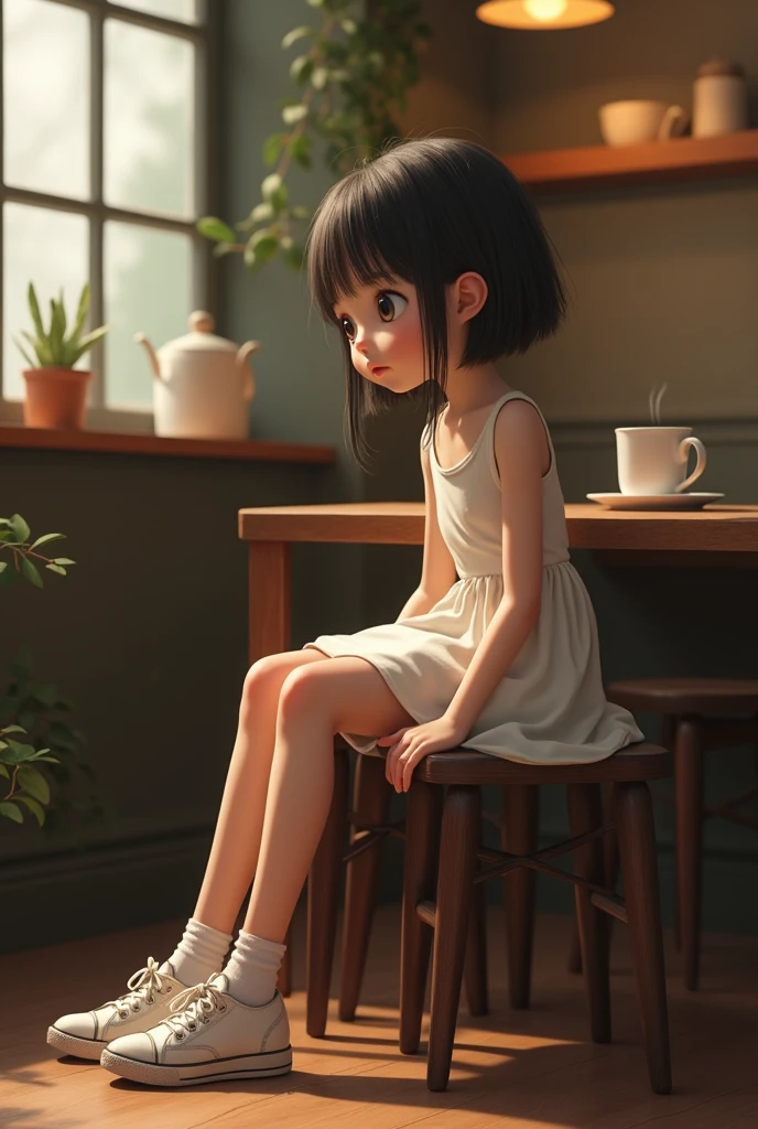   girl with skinny body and flat breasts wearing white short dress stockings and sneaker sitting in a coffee shop 