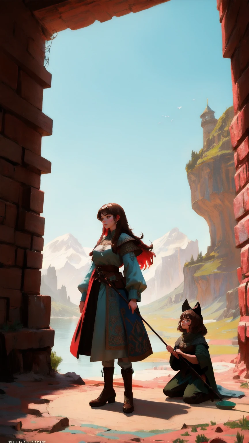 A captivating scene featuring a cute girl character dressed in medieval fantasy attire, interacting with a giant, muscular animated carpet that is labeled 'Rug-Pull-Proof.' The carpet character, with its vibrant colors and expressive face, stands on a cracked, rugged terrain, while the girl is fishing out of a large hole. The entire setting is rendered with a brown background, emphasizing the desolate yet magical atmosphere, creating a striking contrast with the colorful characters and their whimsical interaction.