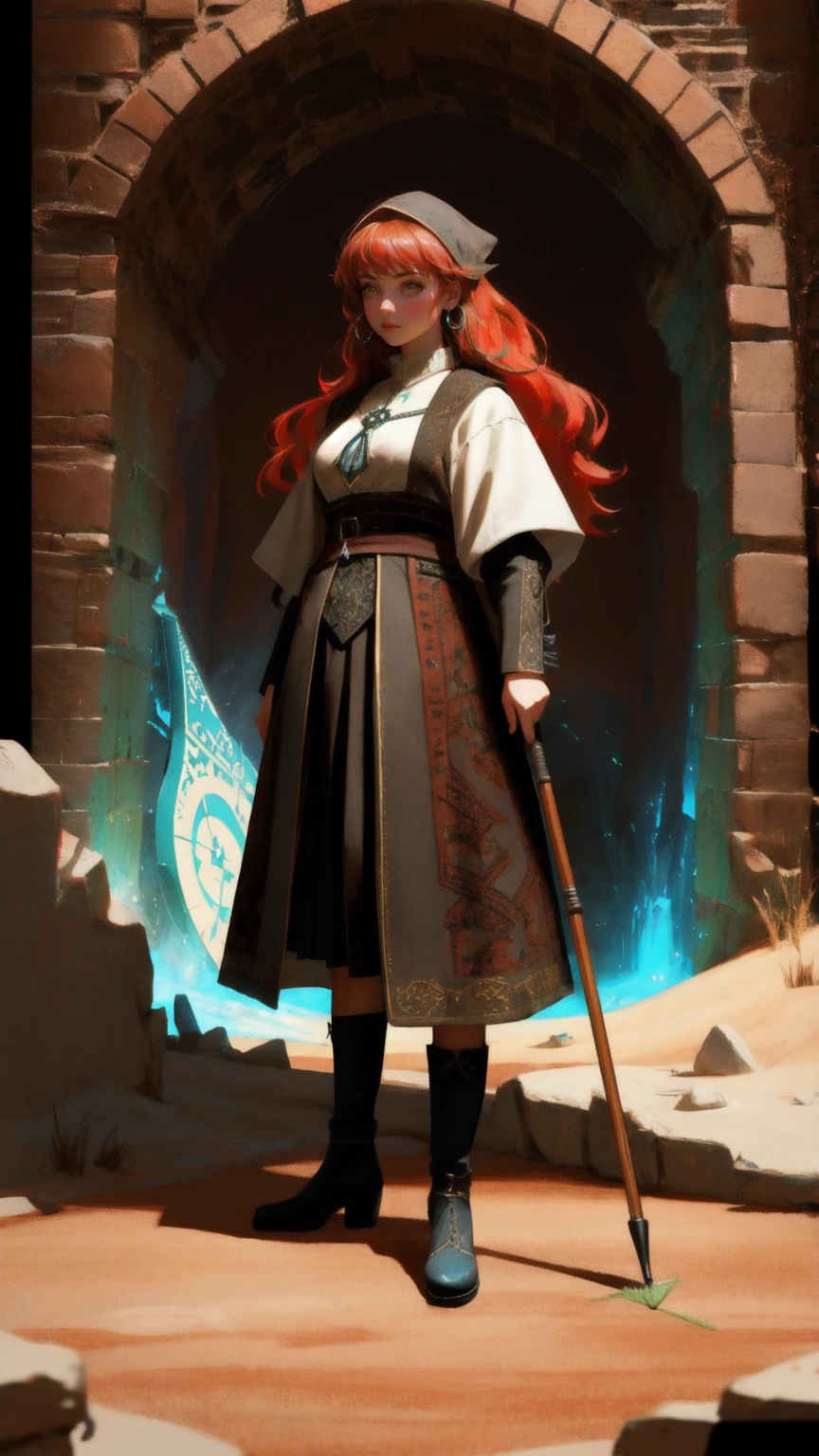 A captivating scene featuring a cute girl character dressed in medieval fantasy attire, interacting with a giant, muscular animated carpet that is labeled 'Rug-Pull-Proof.' The carpet character, with its vibrant colors and expressive face, stands on a cracked, rugged terrain, while the girl is fishing out of a large hole. The entire setting is rendered with a brown background, emphasizing the desolate yet magical atmosphere, creating a striking contrast with the colorful characters and their whimsical interaction.