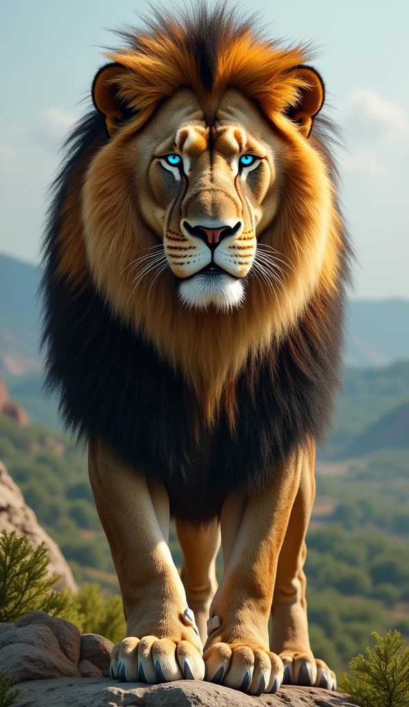 Create an ultra realistic 8k image of a big strong and beautiful blue eyed Lion 
