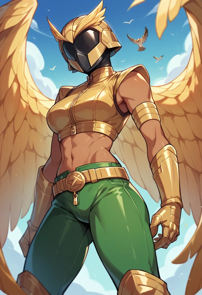 1girl, latina, owl helmet, black visor, covered eyes, gold bird-wings, gold crop top, zip-up, gold arm guards, gold gloves, gold belt, green leggings, high boots, marvel