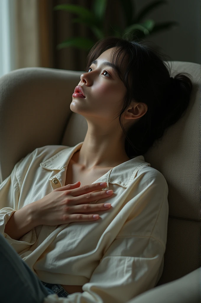 A girl sitting on a sofa with her head pointing upwards and her hands on her boobs