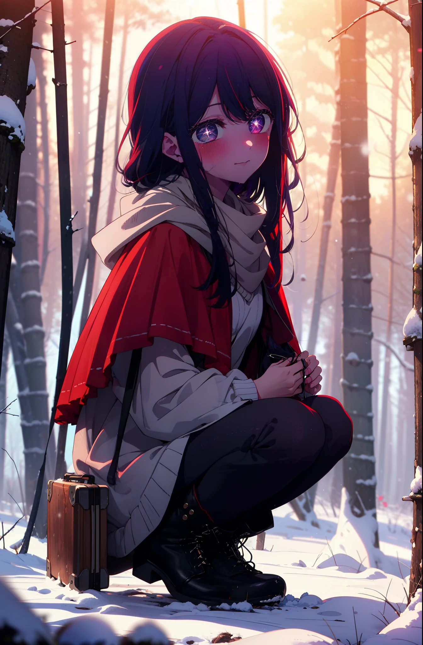 aihoshino, Ai Hoshino, Long Hair, bangs, (Purple eyes:1.1), Purple Hair, (Symbol-shaped pupil:1.5), smile,,smile,blush,white breath,
Open your mouth,snow,Ground bonfire, Outdoor, boots, snowing, From the side, wood, suitcase, Cape, Blurred, , forest, White handbag, nature, Squat, Mouth closed, Cape, winter, Written boundary depth, Black shoes, red Cape break looking at viewer, Upper Body, whole body, break Outdoor, forest, nature, break (masterpiece:1.2), Highest quality, High resolution, unity 8k wallpaper, (shape:0.8), (Beautiful and beautiful eyes:1.6), Highly detailed face, Perfect lighting, Extremely detailed CG, (Perfect hands, Perfect Anatomy),