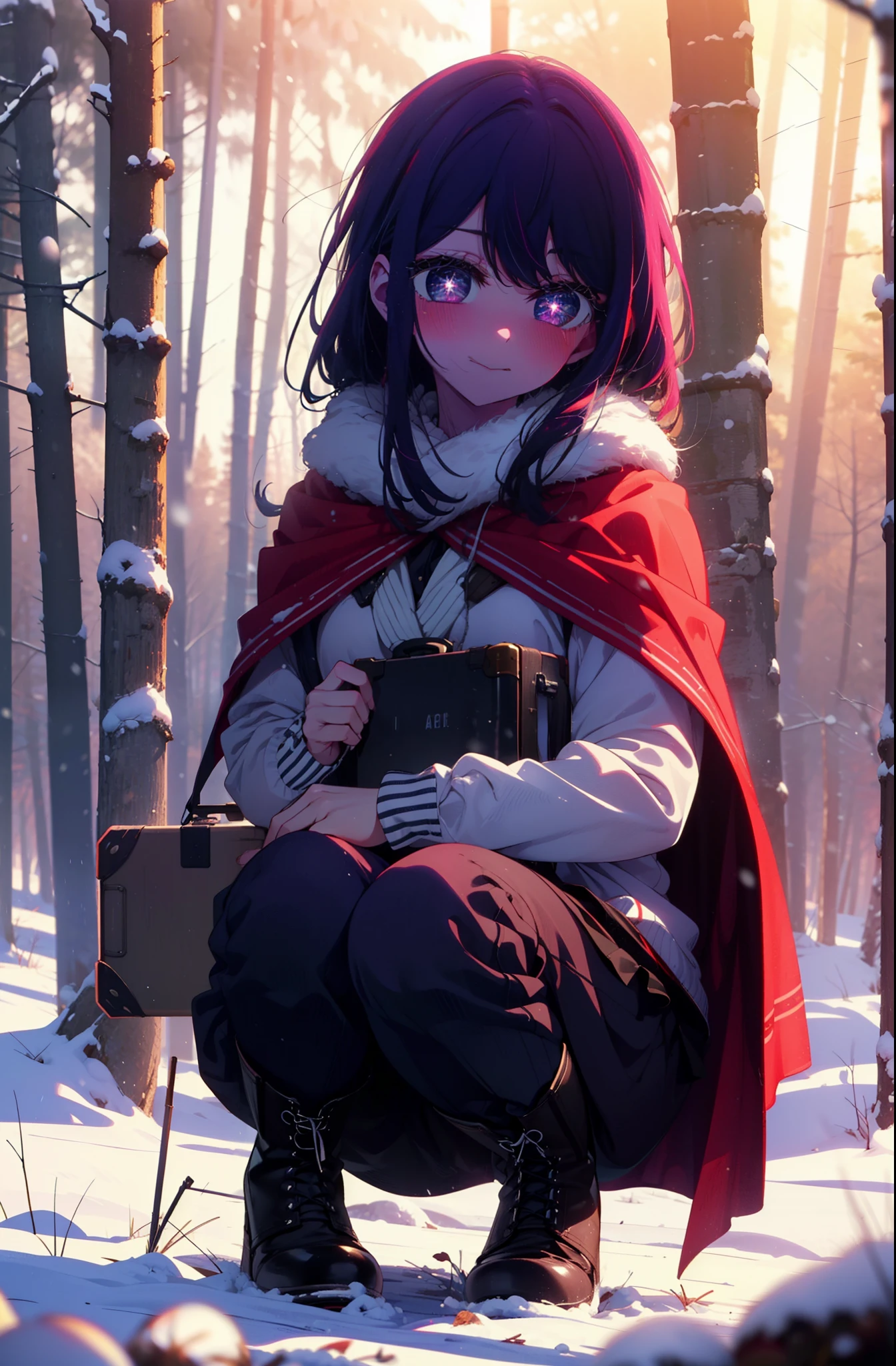 aihoshino, Ai Hoshino, Long Hair, bangs, (Purple eyes:1.1), Purple Hair, (Symbol-shaped pupil:1.5), smile,,smile,blush,white breath,
Open your mouth,snow,Ground bonfire, Outdoor, boots, snowing, From the side, wood, suitcase, Cape, Blurred, , forest, White handbag, nature,  Squat, Mouth closed, Cape, winter, Written boundary depth, Black shoes, red Cape break looking at viewer, Upper Body, whole body, break Outdoor, forest, nature, break (masterpiece:1.2), Highest quality, High resolution, unity 8k wallpaper, (shape:0.8), (Beautiful and beautiful eyes:1.6), Highly detailed face, Perfect lighting, Extremely detailed CG, (Perfect hands, Perfect ???????),