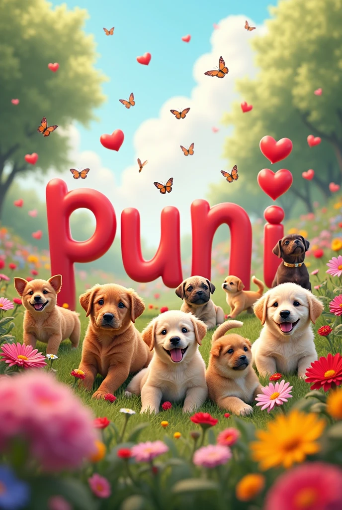 (photorealism:1.2), text written "Puni" with many hearts, a beautiful garden , colourful flowers, many butterflies, many puppies and dogs.