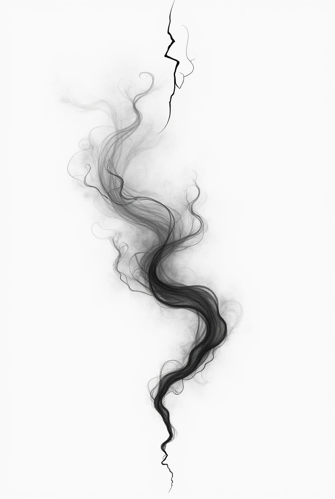 Abstract tattoo design in black and white, flowing from wrist to shoulder. Start with thin, flowing, and textured smoke lines, inspired by the natural, swirling patterns in the reference images. The smoke subtly forms an abstract face within, symbolizing loneliness, then transitions into a linear lightning bolt with subtle branches near the shoulder. Use negative space and shades of gray for depth and contrast, maintaining a minimalist and graphic aesthetic.