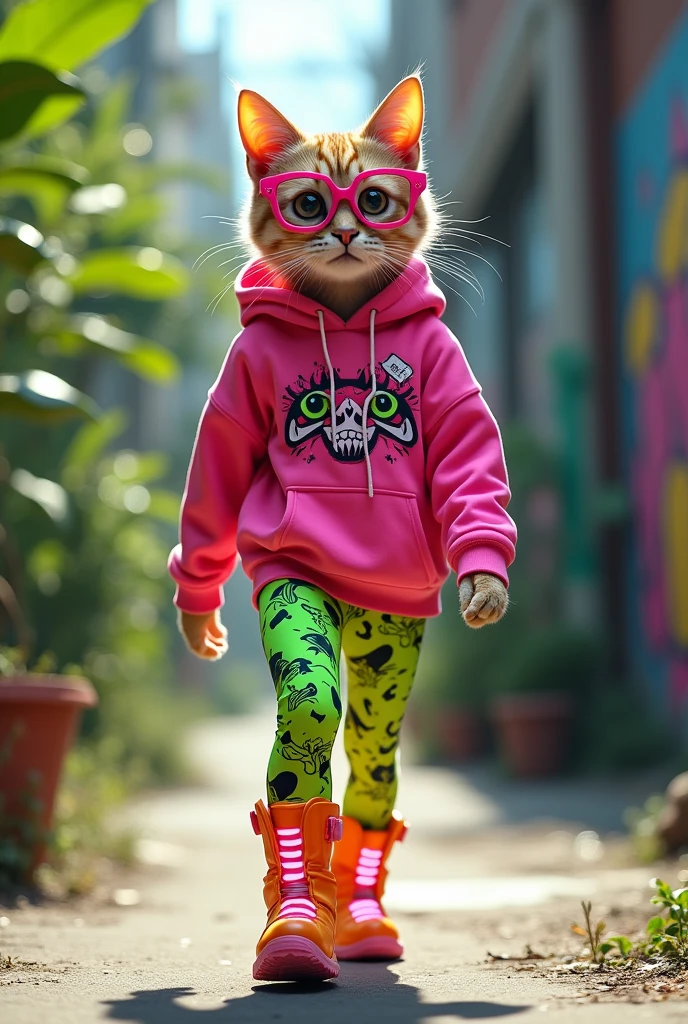 [Leonardo AI]
Type: Ultrarealistic
Subject: A stylish cat on all fours, wearing an outfit inspired by the image: a vibrant pink hoodie with bold graphic designs, neon green leggings with abstract patterns, and bright orange boots with LED lights. The cat is confidently striding forward, with large, round, pink glasses completing its look. The fur of the cat is sleek, providing a striking contrast to the vibrant colors of the outfit. The cat's posture is poised and elegant, fitting seamlessly into the urban street style.
Environment: An urban street scene with graffiti-covered walls, lush green plants, and a concrete path, echoing the background in the reference image. The setting has a gritty yet vibrant feel.
Art Style: Photorealistic with a focus on vibrant colors and intricate details in both the outfit and the urban setting.
Lighting: Bright, natural daylight with soft shadows to emphasize the neon colors and the texture of the fur.
Camera: Full-body shot from a side angle, capturing the cat walking confidently on all fours, with the urban background in clear view.
Resolution: 4K, ultra-high-definition, focusing on the textures of the clothing, the fur, and the urban environment.

{Ultrarealistic cat on all fours in a stylish outfit, vibrant urban setting, graffiti, natural lighting, photorealistic, high-definition, full-body shot}
