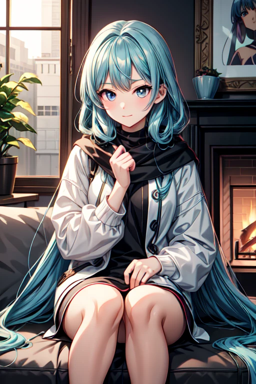 Anime girl with long blue hair and colorful eyes sitting next to a window, Shy girl, Girl with blue hair, 1K anime style, anime art wallpaper 2k, anime art wallpaper 2k, anime art wallpaper 2k, beautiful animated portrait, beautiful anime girl, 2k anime wallpaper, anime girl portrait, beautiful anime woman, cozy fireplace with cozy clothing