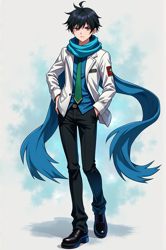 Male, Anime, 18-year old, Short black hair, Fair skin, Red eyes, Blue scarf, White jacket, Blue undershirt, Green necktie, Black trousers, Black shoes