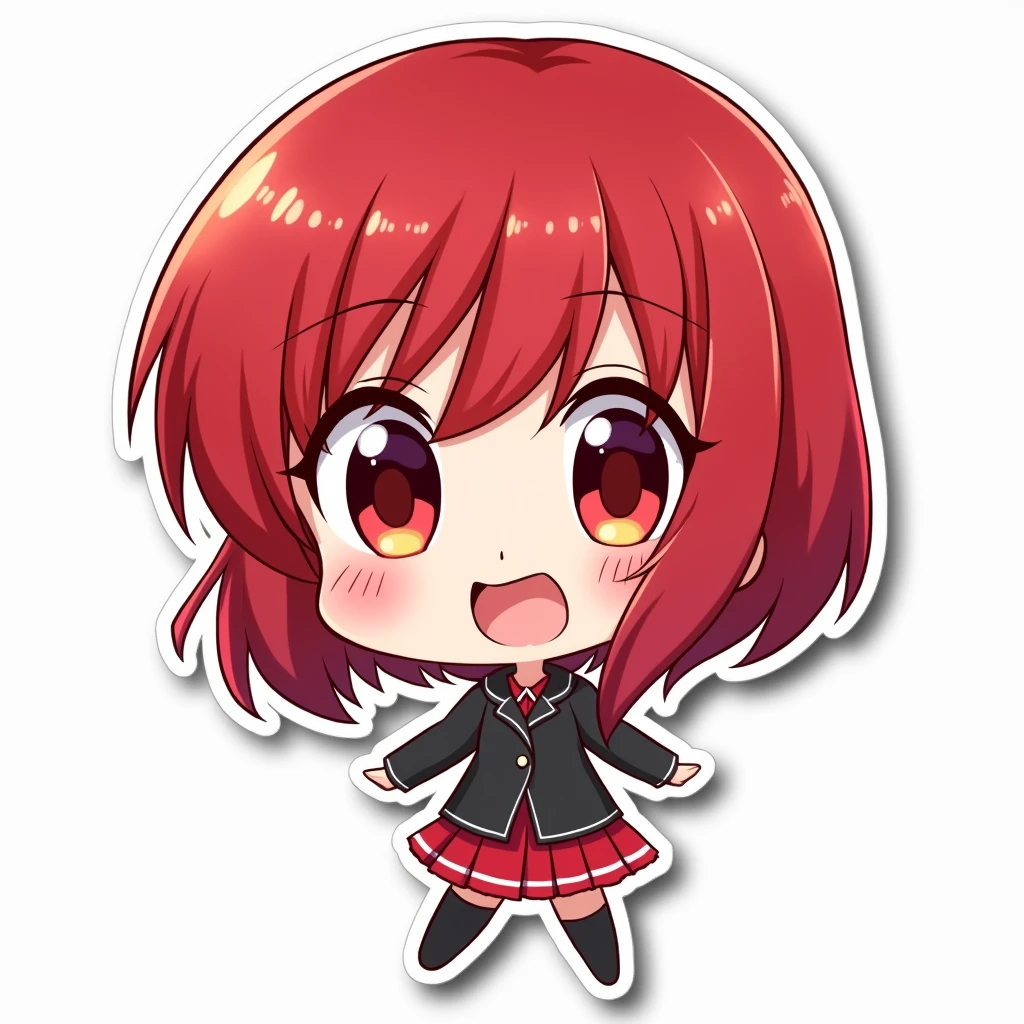 Please make a chibi female character into an anime style sticker, Red Short Hair、With border and white background