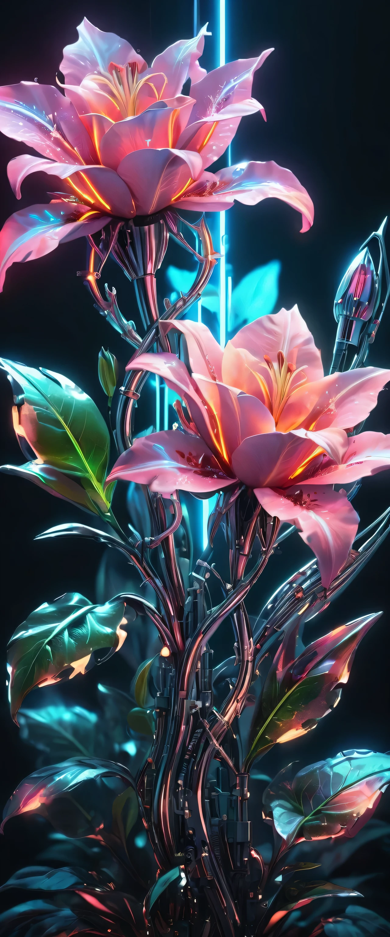 The most beautiful cybernetic crystal rose and lily flowers are shining, Artistic and fragile, Magnificent and somber, Biomechanical Cyberpunk Style, The fusion of flowers and computers, Neon Light, Highest quality, Light leakage, Cinematic Illustration, Sensual