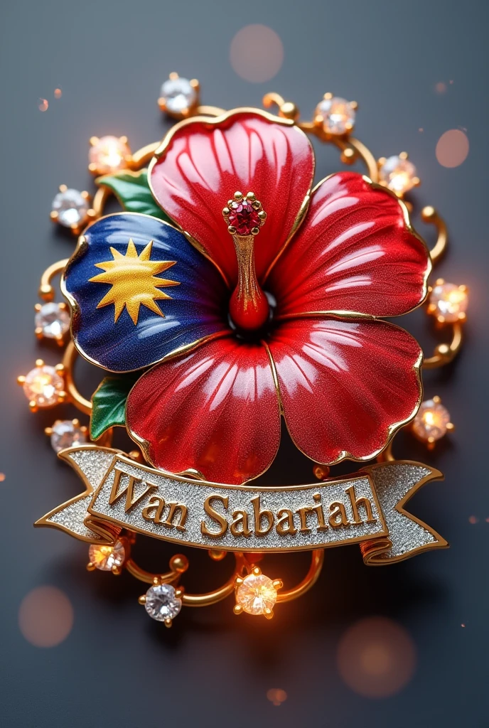 Brooch hibiscus with malaysia flag as the pattern and WAN SABARIAH inside ribbon under it with glowing diamonds scattered around