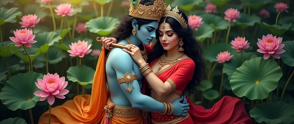 A serene view of Lord Krishna in traditional dress, light blue skin, royal crown with few peacock feathers in the crown, wearing a vibrant white lily flower garland. Krishna is hugging radha from the back. Krishna's hands holding Radha's sexy waist hips. Radha's front fully body is visible.  Radha has a sexy fair skin face, brown eyes, red lips, long wavy brown hair. Radha is wearing a luxurious crown with beautiful design. Radha is wearing bright red bluse and lehenga. Radha is completely exposing her waist with navel piercing. Radha is exposing her full body. Radha has beautiful body features. Radha is holding a flute. Both radha and lord krishna are in the palace standing next pink lotus flowers and lush green garden. Radha and krishna are very happy. The backdrop features a palace, casting a tranquil glow Depth to the image, creating a hot, sexy and realistic atmosphere. The image is viewed from a top view only. Make sure everything is perfect.