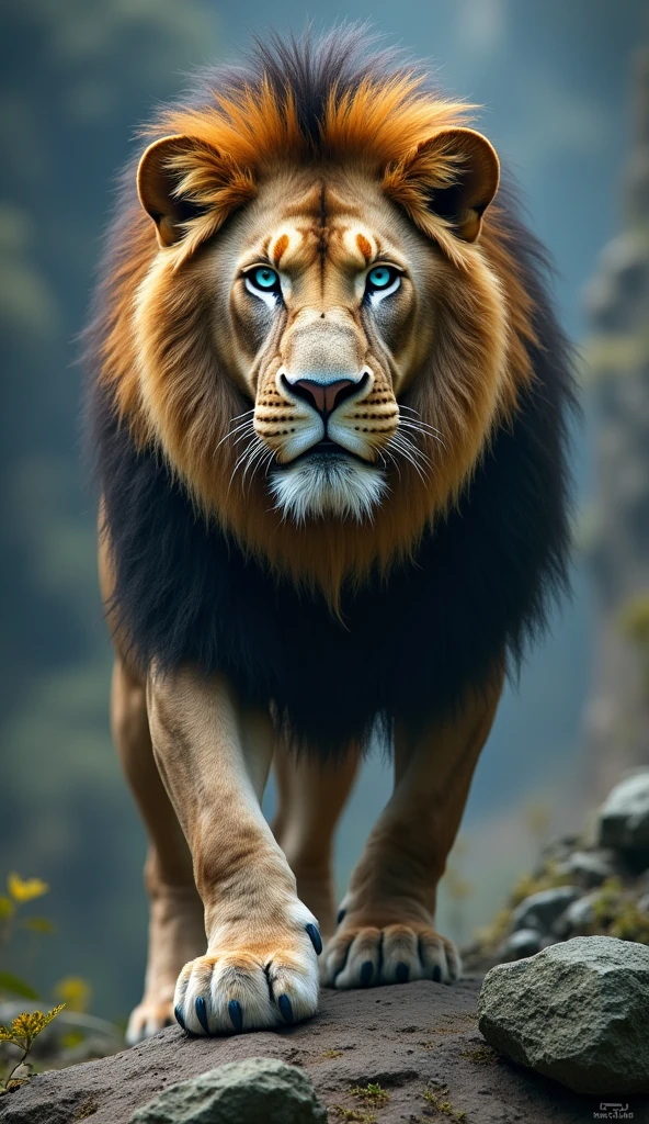 Create an ultra realistic 8k image of a big strong and beautiful blue eyed Lion with scars