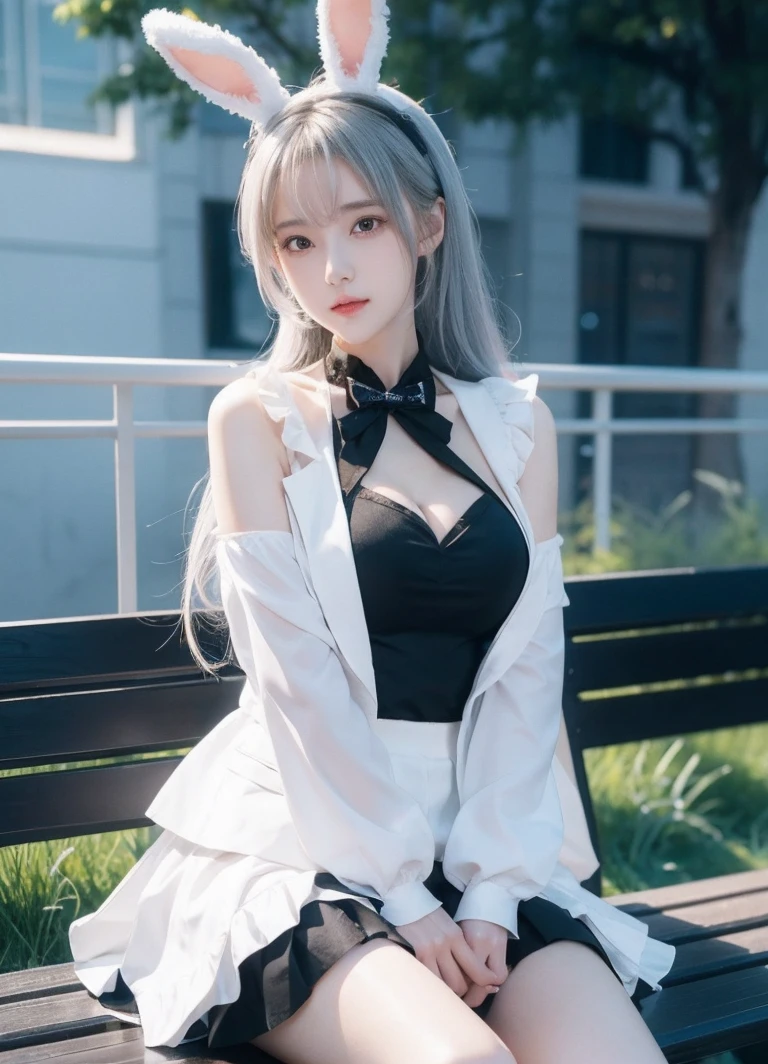 Anime girl in a bunny costume sitting on a bench,The background is a city, Best Anime 4K Konachan Wallpapers, Fine details. Girls Frontline, Lolish, from Girls Frontline, From the Azur Lane video game, Night Core, Azur route style, Cute anime girl in a beautiful skirt, Perfect white-haired girl, Attractive anime girl, Smooth anime CG art