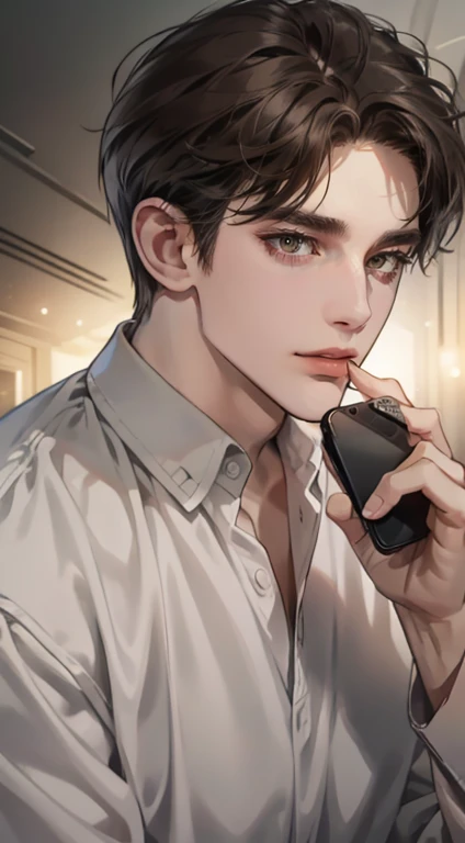masterpiece, best quality, realistic, 1man, mature male, quiet and charming young man, 3, close his eyes, serious look, extremely detailed face, ((dark grey eyes)), ((short-right-swept dark brown hair)), [thick eyebrows], detective, plain background, cinematic lighting, looking at the audience, posture dynamics, smirk, holding the phone