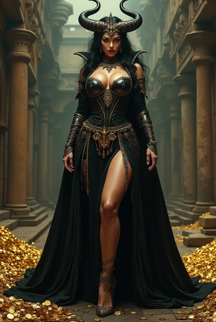 ((realistic:1.5)),((best quality)), ((masterpiece)),((detailed)), a  stunningly beautiful wicked queen, skindentation, lush dark hair, detailed green eyes, juicy breaste cleavage, thi thick thighs, juicy ass, intense, vain anrrogant, sinister, naked, sparkling jewels ewelry, inside of her barbarian palace, ancient barbarian city in the background, crumbling stone walls, piles of gold coins, atmospheric fog, dynamic view, 
