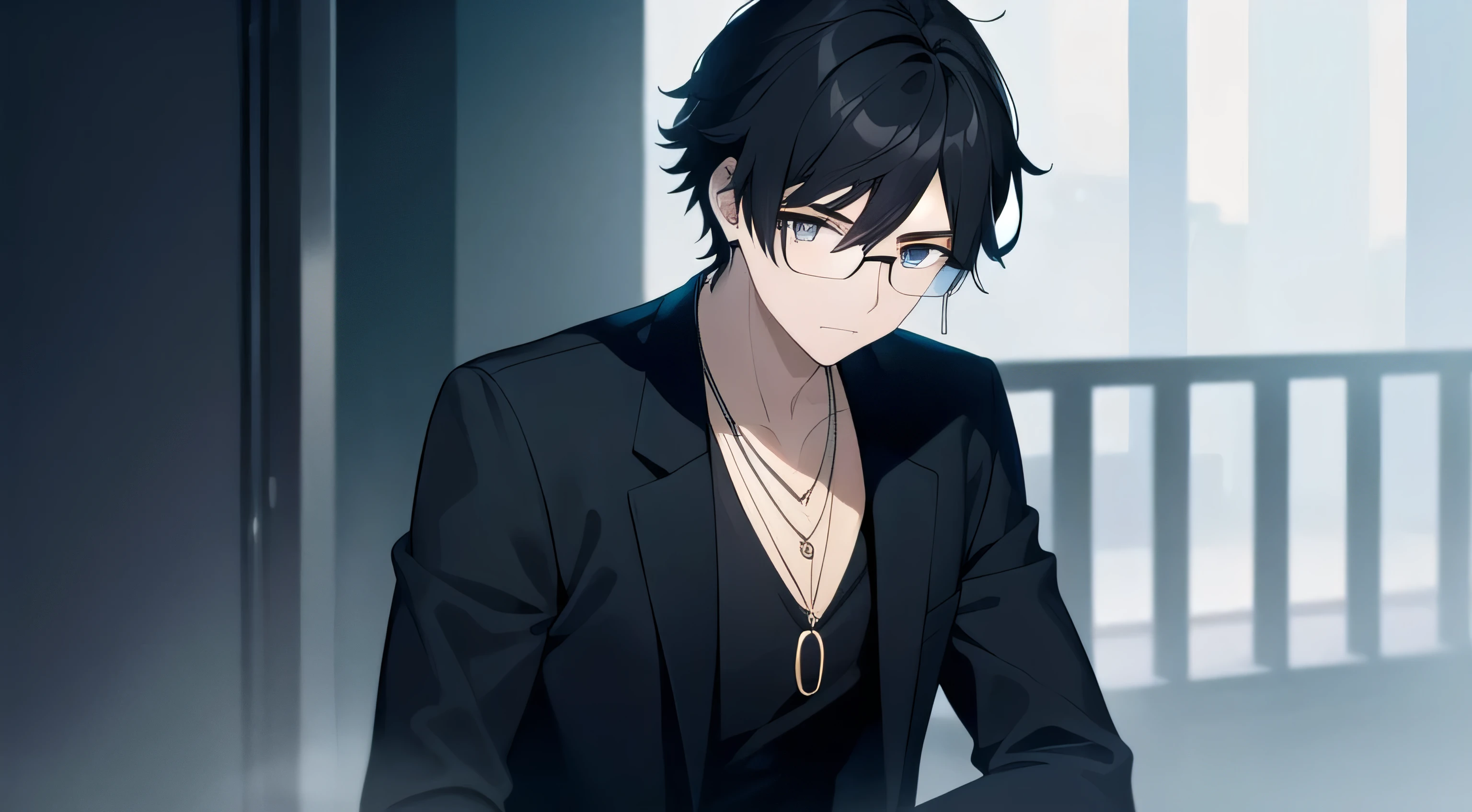 1man, black hair, black glasses, pupils bright blue, black long clothes, black jacket, black pants, black earrings, necklace, shirt gray, strong, HD Anime