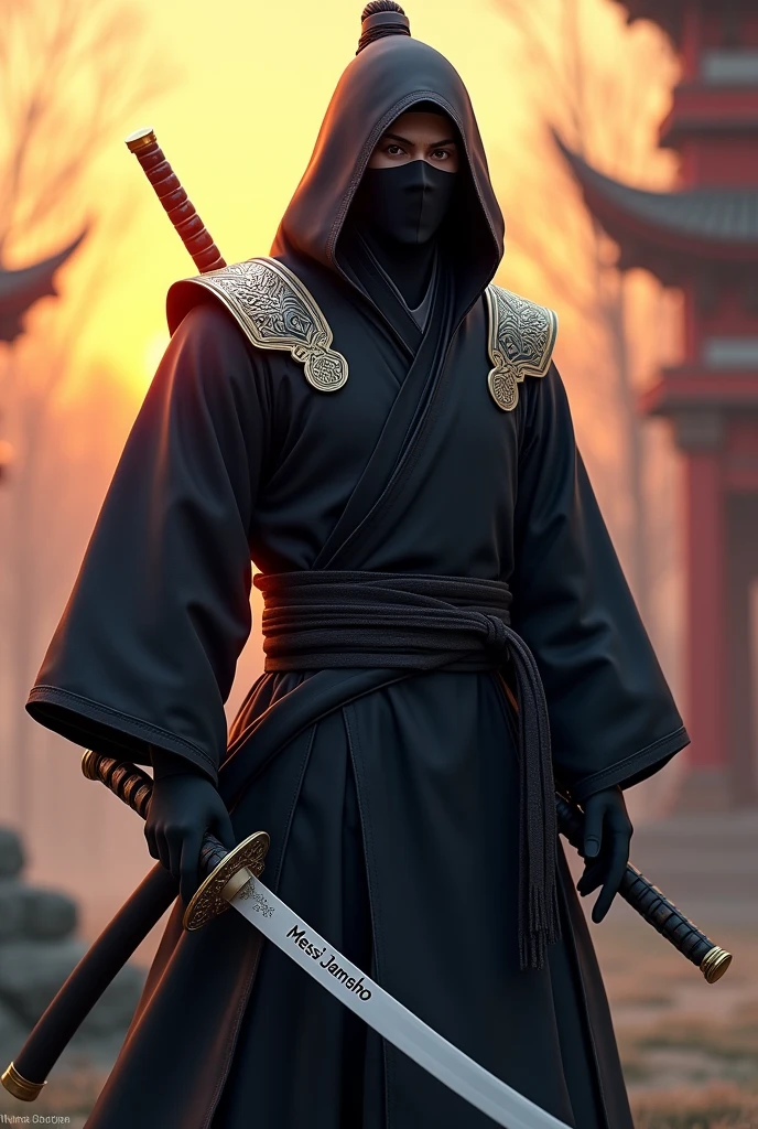 An animated male ninja in full black under the dawn wearing Bhutanese gho carrying a sword with the name MESSI JAMTSHO with white colour on the iron chest guard