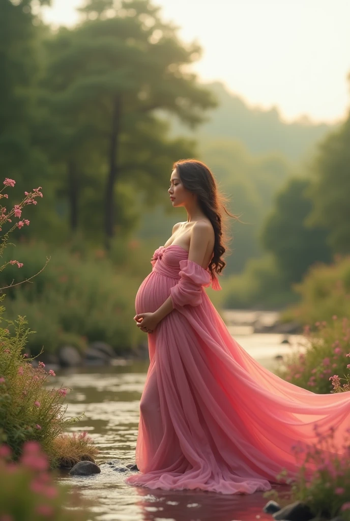Second dimension beauty pregnant woman wallpaper, fully dressed in pink dress, outside in nature