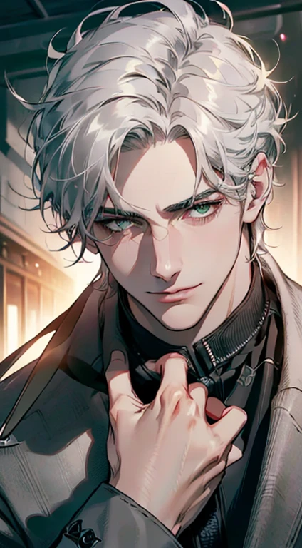 (best quality,4k,8k,highres,masterpiece:1.2),ultra-detailed,(realistic,photorealistic,photo-realistic:1.37),cinematic lighting,1:4 hdr image,a mature man, 2,very handsome,cold expression smile in love, short grey white hair, green eyes,flawless face,buttoning his jacket,CEO