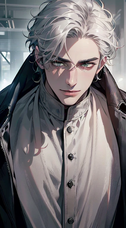 (best quality,4k,8k,highres,masterpiece:1.2),ultra-detailed,(realistic,photorealistic,photo-realistic:1.37),cinematic lighting,1:4 hdr image,a mature man, 2,very handsome,cold expression smile in love, short grey white hair, green eyes,flawless face,buttoning his jacket,CEO