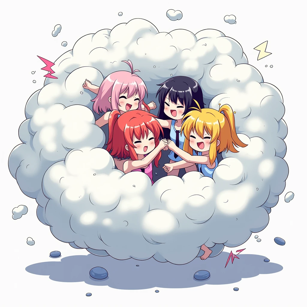 An anime-style illustration depicting many chaina-girls playfully wrestling with each other inside a gold comical fight cloud (flying_nimbus).
each chaina-girl has different colored hair.
their faces,hands,and feet are visible emerging from the cloud as they tussle humorously, with the rest of their bodies completely hidden inside the cloud.
the illustration emphasizes the humorous and energetic nature of their scuffle,with a fluffy and exaggerated fight cloud.