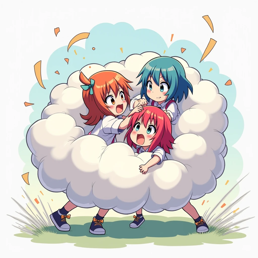 An anime-style illustration depicting many chaina-girls playfully wrestling with each other inside a gold comical fight cloud (flying_nimbus).
each chaina-girl has different colored hair.
their faces,hands,and feet are visible emerging from the cloud as they tussle humorously, with the rest of their bodies completely hidden inside the cloud.
the illustration emphasizes the humorous and energetic nature of their scuffle,with a fluffy and exaggerated fight cloud.